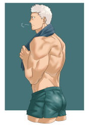 Rule 34 | 1boy, aone takanobu, ass, blue background, haikyuu!!, highres, male focus, monmonhomon, muscular, muscular male, profile, topless male, short hair, shorts, silver hair, simple background, solo, standing