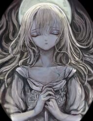 Rule 34 | 1girl, blonde hair, closed eyes, collarbone, dress, expressionless, facing viewer, floating hair, full moon, hands on own chest, long hair, moon, original, own hands together, sketch, solo, sumire shisei, upper body