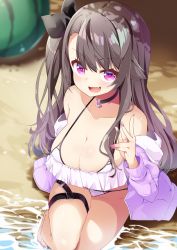 Rule 34 | 1girl, absurdres, alternate costume, azur lane, bikini, bikini pull, black hair, blush, breasts, cleavage, clothes pull, commentary request, fang, head tilt, highres, jacket, large breasts, leer.meer, long hair, looking at viewer, nail polish, one side up, open mouth, pamiat merkuria (azur lane), purple eyes, skin fang, smile, solo, swimsuit, thigh strap, toenail polish, toenails, wading, white bikini