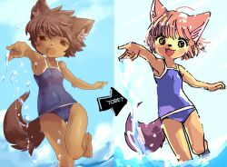 Rule 34 | 1girl, animal ear fluff, artist progress, bad id, bad pixiv id, blue one-piece swimsuit, blush stickers, brown eyes, brown fur, brown hair, cameltoe, eyelashes, fang, furry, furry female, looking at viewer, one-piece swimsuit, open mouth, original, pasikon, short hair, splashing, swimsuit