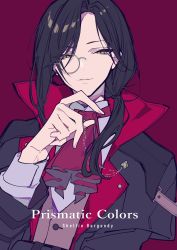 Rule 34 | 1boy, absurdres, ascot, black hair, black jacket, brown eyes, brown vest, character name, half-closed eyes, hand up, highres, jacket, long hair, long sleeves, looking at viewer, low ponytail, male focus, mochizuki kei, monocle, nijisanji, open clothes, open jacket, parted bangs, parted lips, ponytail, purple background, red ascot, shellin burgundy, shirt, solo, vest, virtual youtuber, white shirt