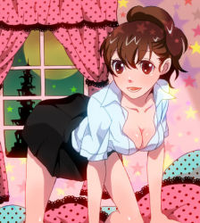 Rule 34 | 1girl, all fours, atlus, bad id, bad pixiv id, breasts, brown hair, cleavage, harumai, indoors, large breasts, lowres, miniskirt, moon, night, persona, persona 3, persona 3 portable, shiomi kotone, short hair, skirt, smile, solo, star (sky), tartarus