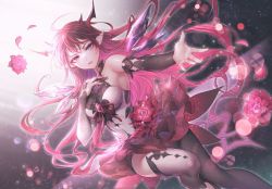 Rule 34 | armpits, detached sleeves, flower, gem, hololive, hololive english, horns, irys (hololive), irys (irys 1.0) (hololive), looking at viewer, multicolored eyes, outstretched hand, ozzingo, pointy ears, red hair, solo, thighhighs, virtual youtuber