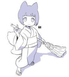 1girl animal_ears bamboo_broom broom closed_mouth commentary_request fox_ears fox_girl fox_tail full_body greyscale holding holding_broom japanese_clothes kimono kitsune kukuri_(mawaru) long_sleeves looking_at_viewer mawaru_(mawaru) monochrome multiple_tails original sandals shadow short_hair simple_background smile solo standing tail two_tails white_background wide_sleeves zouri