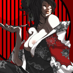 Rule 34 | 1girl, black eyes, black hair, breasts, cleavage, falcoon, flower, japanese clothes, kiseru, large breasts, lips, lipstick, long hair, makeup, nipples, open clothes, open shirt, original, shirt, smoking pipe, solo