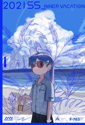 Rule 34 | 1girl, asato (pepopo1029), beach, black skirt, blue eyes, blue hair, blue shirt, closed mouth, cloud, crescent moon, cup, day, drinking straw, floral print, hair between eyes, highres, holding, holding cup, ice, ice cube, long hair, moon, ocean, original, outdoors, plant, shirt, short sleeves, signature, skirt, sky, solo, sunglasses