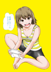 Rule 34 | 1girl, bike shorts, breasts, brown eyes, brown hair, cleavage, commentary request, fang, game console, highres, looking at viewer, original, short hair, small breasts, solo, sparkle, tank top, translation request, wii u, yano toshinori