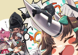 Rule 34 | 1other, 3girls, ambiguous gender, animal ear fluff, animal ears, arknights, black headwear, black jacket, blush stickers, brown hair, bubble (arknights), closed eyes, commentary request, doctor (arknights), dreaming, eyepatch, fox ears, fox girl, giant, giantess, gloves, hat, holding, holding stuffed toy, hood, hood up, hooded jacket, horns, jacket, long sleeves, mitake eil, multiple girls, nose bubble, open mouth, popukar (arknights), purple eyes, purple hair, rhinoceros ears, rhinoceros girl, shamare (arknights), short hair, single horn, sleeping, smile, stuffed toy, stuffed wolf, thought bubble, white gloves