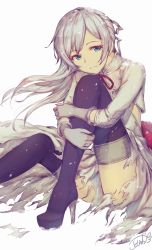 Rule 34 | 1girl, artist name, asymmetrical hair, black footwear, black thighhighs, blue eyes, boots, closed mouth, dress, flower, gloves, grey background, grey dress, grey gloves, grey hair, high heel boots, high heels, highres, hugging own legs, knee up, kotoribako, long hair, looking at viewer, red flower, red rose, rose, sidelocks, signature, simple background, sinoalice, sitting, snow white (sinoalice), solo, thigh boots, thighhighs, torn clothes, torn dress