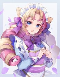 Rule 34 | 1girl, absurdres, alternate costume, blonde hair, blue dress, blue eyes, bow, cafe cuties gwen, collared dress, commentary request, dress, drill hair, enmaided, grey background, gwen (league of legends), highres, league of legends, long hair, long sleeves, looking at viewer, maid, maid headdress, momoirone, multicolored hair, open mouth, own hands together, parted bangs, petals, pink hair, purple bow, solo, two-tone hair, very long hair