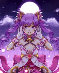 Rule 34 | 1girl, aisha landar, bad id, bad pixiv id, bow, dimension witch (elsword), elsword, gloves, grin, long hair, pink bow, purple background, purple eyes, purple hair, purple skirt, purple theme, skirt, smile, solo, tanjel, twintails, white gloves