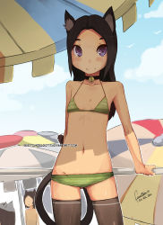 Rule 34 | 1girl, 2010, animal ears, beach, bell, bikini, black hair, cat ears, cat tail, child, collar, dated, day, face, faustsketcher, flat chest, long hair, navel, neck bell, original, outdoors, petite, purple eyes, signature, skindentation, smile, solo, swimsuit, tail, thighhighs, watermark, web address