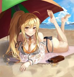 Rule 34 | 1girl, absurdres, ahoge, ass, bad id, bad twitter id, bare arms, bare legs, bare shoulders, barefoot, beach, beach mat, beach umbrella, between breasts, bikini, black bikini, blonde hair, breasts, cleavage, closed mouth, day, detached collar, fakey, feet, highres, large breasts, legs up, long hair, long sleeves, looking at viewer, lotion bottle, lying, multi-strapped bikini, necktie, ocean, off shoulder, on stomach, original, outdoors, ponytail, see-through, see-through sleeves, sidelocks, smile, solo, strap slip, string bikini, swimsuit, the pose, thighs, umbrella, very long hair, wet, wrist cuffs, yellow eyes