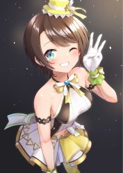 Rule 34 | 1girl, ;d, aqua eyes, armlet, bare arms, bare shoulders, belt, black thighhighs, blush, bow, bow skirt, brown hair, clothing cutout, faubynet, forehead, gloves, grin, halterneck, hand on own thigh, hat, highres, hololive, hololive idol uniform, idol, idol clothes, layered skirt, leaning forward, mini hat, miniskirt, navel, navel cutout, official alternate costume, one eye closed, oozora subaru, open mouth, shirt, short hair, skirt, skirt set, sleeveless, smile, solo, swept bangs, thighhighs, virtual youtuber, white bow, white gloves, white skirt, wrist cuffs, yellow hat, yellow shirt, yellow thighhighs