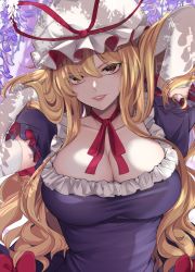 Rule 34 | 1girl, arms up, blonde hair, blush, bow, breasts, cleavage, collarbone, commentary, cowboy shot, dress, elbow gloves, frills, gloves, hair between eyes, hair bow, hair flowing over, hair ribbon, hand in own hair, hat, hat ribbon, highres, large breasts, lipstick, long hair, looking at viewer, makeup, mob cap, momendoufu, neck ribbon, parted lips, puffy short sleeves, puffy sleeves, purple dress, red bow, red eyes, red ribbon, ribbon, short sleeves, simple background, smile, solo, teeth, touhou, tress ribbon, very long hair, wavy hair, white background, white gloves, white hat, yakumo yukari