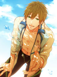 Rule 34 | 10s, 1boy, black male swimwear, brown hair, bubble, cloud, cloudy sky, cowboy shot, day, dutch angle, free!, green eyes, half-closed eyes, hand on own thigh, jacket, legskin, lens flare, male focus, male swimwear, muscular, nekoshiro, open clothes, open jacket, open mouth, outstretched hand, pov, sky, smile, solo, standing, swimsuit, tachibana makoto, topless male