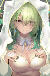 Rule 34 | 1girl, absurdres, antlers, asaikeu, blue ribbon, braid, braided bangs, breasts, ceres fauna, cleavage, closed mouth, crossed bangs, dress, earrings, fingernails, green hair, green nails, hair between eyes, halo, halter dress, halterneck, hands up, highres, hololive, hololive english, horns, jewelry, large breasts, leaf, long hair, looking at viewer, mole, mole under eye, nail polish, neck ribbon, ribbon, ring, single earring, smile, solo, upper body, veil, virtual youtuber, wedding dress, yellow eyes, yellow pupils