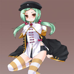 Rule 34 | 00s, bad id, bad pixiv id, chinkyuu, denim, denim shorts, fang, green hair, hair bobbles, hair ornament, hat, koihime musou, ktsecond, shorts, solo, striped clothes, striped thighhighs, thighhighs, twintails, yellow eyes