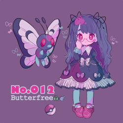Rule 34 | 1girl, adjusting eyewear, antennae, black dress, bow, bug, butterfly, butterfly wings, butterfree, character name, creatures (company), dress, full body, game freak, gen 1 pokemon, glasses, insect, insect wings, juliet sleeves, long hair, long sleeves, looking at viewer, moemon, narumame, nintendo, personification, poke ball, poke ball (basic), pokedex number, pokemon, pokemon (creature), puffy sleeves, purple background, red eyes, red footwear, shoes, simple background, very long hair, wings