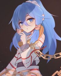 Rule 34 | 1girl, black shirt, blue eyes, blue hair, brown background, chain, commentary request, covered navel, cuffs, expressionless, flat chest, hair between eyes, hair tubes, hand up, high ponytail, highres, light particles, long bangs, long hair, long sleeves, looking at viewer, lugoner1430, miyadeguchi mizuchi, open mouth, ponytail, shirt, skirt, skirt set, solo, striped clothes, striped shirt, striped skirt, touhou, undershirt, upper body, white shirt, white skirt