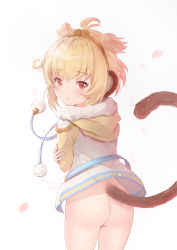 Rule 34 | 1girl, absurdres, ahoge, andira (granblue fantasy), animal ears, ass, blonde hair, blush, bottomless, brown eyes, cherry blossoms, erune, granblue fantasy, hairband, highres, kimblee, looking at viewer, looking back, monkey ears, monkey tail, no panties, parted lips, red eyes, short hair, simple background, solo, tail, tail raised, two side up, white background