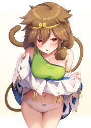 Rule 34 | 1girl, absurdres, bare shoulders, blue bow, blush, border, bow, bow panties, breasts, brown hair, circlet, clothes lift, collarbone, commentary request, detached sleeves, embarrassed, gradient background, green tank top, hair between eyes, hair ornament, hands up, highres, large breasts, lightning bolt symbol, long sleeves, looking at viewer, monkey tail, navel, nnyara, open mouth, outside border, panties, red eyes, short hair, simple background, skirt, skirt lift, solo, son biten, sweatdrop, tail, tank top, tongue, touhou, underwear, white background, white border, white panties, white skirt, yellow background