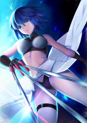 Rule 34 | 1girl, absurdres, ahoge, between fingers, black gloves, black keys (type-moon), black panties, blue eyes, blue hair, breasts, ciel (tsukihime), closed mouth, commentary, fingerless gloves, floating hair, gloves, hair between eyes, highres, hisato nago, holding, holding weapon, large breasts, looking at viewer, midriff, navel, official alternate costume, panties, short hair, sleeveless, solo, tank top, thighs, tsukihime, tsukihime (remake), turtleneck, underwear, weapon