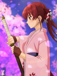 Rule 34 | 1girl, breasts, cherry blossoms, cosplay, fingerless gloves, from side, gloves, hair ribbon, highres, hololive, houshou marine, japanese clothes, long hair, long skirt, medium breasts, nyahoekaki1, red eyes, red hair, ribbon, sakura taisen, sega, shinguuji sakura, skirt, sword, twintails, virtual youtuber, weapon