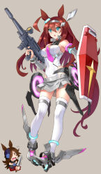 Rule 34 | 2girls, ahoge, animal ears, armor, beam rifle, black hair, blue eyes, blue flower, blue headwear, blue rose, breasts, brown hair, chibi, chibi inset, commentary, covered navel, cropped torso, dagger, detached sleeves, dress, duplicate, ear ornament, energy gun, floating, flower, flying sweatdrops, frown, fur collar, greaves, grey background, grey footwear, grey hairband, grey leotard, grey skirt, grey sleeves, gun, gundam, hair ornament, hair over one eye, hairband, hat, hat flower, highleg, highleg leotard, highres, holding, holding dagger, holding gun, holding knife, holding shield, holding weapon, horse ears, horse girl, katahira masashi, knife, leotard, long bangs, long hair, looking at another, looking to the side, medium breasts, microskirt, mihono bourbon (umamusume), mobile suit gundam, multiple girls, necktie, off-shoulder dress, off shoulder, open mouth, pink necktie, pixel-perfect duplicate, purple dress, purple eyes, rice shower (umamusume), rigging, rose, rx-78-2, shield, simple background, skirt, sleeveless, sweatdrop, thighhighs, tilted headwear, trembling, umamusume, weapon, white thighhighs