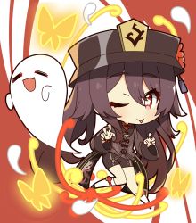 Rule 34 | 1girl, :d, ;p, black shorts, brown hair, chibi, chinese clothes, commentary request, flower, genshin impact, ghost, ghost pose, hair between eyes, hat, hat flower, hat ornament, highres, hu tao (genshin impact), kneehighs, long hair, long sleeves, looking at viewer, mochimochi kinako., one eye closed, open mouth, red eyes, shorts, sidelocks, smile, socks, solo, symbol-shaped pupils, tongue, tongue out, twintails, white socks