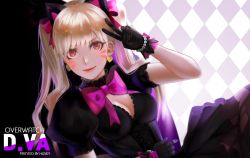 Rule 34 | 1girl, alternate hairstyle, animal ears, argyle, argyle background, argyle clothes, artist name, bead bracelet, beads, black cat d.va, black choker, black dress, black gloves, blonde hair, bow, bowtie, bracelet, breasts, brown eyes, cat ears, character name, choker, cleavage, commentary request, copyright name, d.va (overwatch), dress, earrings, facepaint, facial mark, fake animal ears, gloves, gothic lolita, hair bow, heart, heart earrings, highres, husky (user ckra4535), jewelry, light smile, lolita fashion, long hair, looking at viewer, making-of available, medium breasts, official alternate costume, overwatch, overwatch 1, pink bow, pink lips, puffy short sleeves, puffy sleeves, short sleeves, signature, solo, twintails, upper body, v, whisker markings