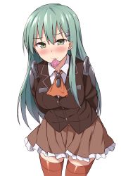Rule 34 | 10s, 1girl, aqua hair, ascot, blush, breasts, condom, condom in mouth, female focus, frilled skirt, frills, green eyes, hair ornament, hairclip, highres, image sample, jacket, kantai collection, large breasts, leaning forward, long hair, looking at viewer, mouth hold, pleated skirt, sama samasa, skirt, smile, solo, suzuya (kancolle), thighhighs, white background