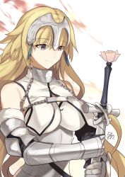 Rule 34 | 1girl, alternate eye color, armor, armored dress, blonde hair, closed mouth, fate/apocrypha, fate/grand order, fate (series), flower, highres, holding, holding sword, holding weapon, jeanne d&#039;arc (fate), jeanne d&#039;arc (ruler) (fate), jeanne d&#039;arc (third ascension) (fate), light smile, long hair, nikame, purple eyes, signature, smile, solo, sword, very long hair, weapon