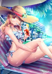 Rule 34 | 1boy, androgynous, artist name, ass, beach chair, beach umbrella, bikini, blurry, blush, brown hair, building, bulge, chair, collarbone, curvy, day, depth of field, drink, dripping, fingernails, food, frilled bikini, frills, fruit, glass, hair ribbon, hand on own thigh, hat, head tilt, highres, holding, huge ass, ice, ice cube, jewelry, knees up, lemon, lemon slice, lens flare, long hair, looking at viewer, lounge chair, male focus, natsusora wakana, necklace, novady, o-ring, o-ring top, original, outdoors, palm tree, pool, poolside, ribbon, sharp fingernails, shiny skin, side-tie bikini bottom, signature, sitting, solo, star (symbol), straw hat, sunlight, swimsuit, trap, tree, umbrella, wide hips