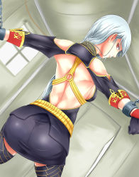 Rule 34 | 00s, 1girl, ass, back, backboob, bare shoulders, bdsm, bound wrists, breasts, chain, detached sleeves, from behind, gloves, kouzilow, long hair, looking back, military, military uniform, red eyes, restrained, selvaria bles, senjou no valkyria (series), senjou no valkyria 1, silver hair, skirt, solo, thighhighs, uniform