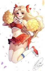 Rule 34 | 1girl, alternate costume, bare shoulders, blonde hair, blush, breasts, cheerleader, chiachun0621, cleavage, ereshkigal (fate), fate/grand order, fate (series), flying sweatdrops, highres, holding, holding pom poms, jumping, long hair, looking at viewer, medium breasts, midriff, miniskirt, navel, open mouth, parted bangs, pom pom (cheerleading), pom poms, red eyes, red footwear, red skirt, shoes, skirt, sneakers, two side up