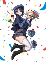 Rule 34 | 1girl, birthday cake, black footwear, blue capelet, blue dress, blue eyes, blue hair, blue hat, blush, boots, box, breasts, buttons, cake, capelet, cleavage, cleavage cutout, clothing cutout, confetti, double-breasted, dress, food, frilled dress, frills, gift, gift box, hair between eyes, happy birthday, hat, highres, holding, holding food, hololive, hololive english, jumping, large breasts, lipstick, long sleeves, looking at viewer, makeup, one eye closed, ouro kronii, party popper, seventeencrows, short dress, short hair, skindentation, smile, solo, thick thighs, thighhighs, thighs, virtual youtuber, white background, white thighhighs