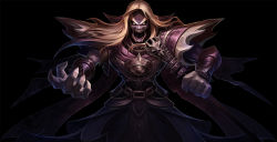 Rule 34 | 1boy, armor, black background, black dress, blonde hair, chain, collaboration, commentary, cowboy shot, dress, glowing, glowing eyes, holding, holding microphone, karthus, league of legends, long hair, looking at viewer, male focus, microphone, official alternate costume, open mouth, pentakill (league of legends), pentakill karthus, shoulder armor, simple background, solo, teeth, vegacolors