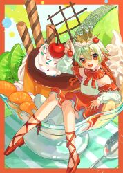 Rule 34 | 1girl, absurdres, ankle lace-up, bare shoulders, border, cherry, chocolate, clothing cutout, commentary, cross-laced footwear, crown, dress, flat chest, food, food-themed hat, food on head, frilled shirt collar, frills, fruit, fruit on head, full body, green hair, hair between eyes, hand up, highres, holding, holding food, holding fruit, in food, kiwi (fruit), kiwi slice, long hair, long sleeves, looking at viewer, melon, melon slice, mini person, minigirl, multicolored hair, nagomi ( nagomi ), nail polish, neck ribbon, object on head, open mouth, orange (fruit), orange border, orange eyes, orange footwear, orange hair, orange nails, orange ribbon, orange slice, original, outside border, pudding, pudding a la mode, ribbon, short dress, shoulder cutout, sitting, smile, solo, sprinkles, two-tone hair, wafer stick, whipped cream