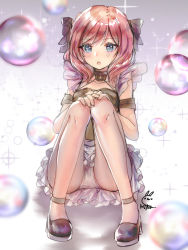 Rule 34 | 1girl, bare legs, black footwear, black ribbon, blue eyes, bubble, commentary request, hair ribbon, highres, looking at viewer, love live!, love live! school idol festival, love live! school idol project, mirutu, nishikino maki, panties, parted lips, red hair, ribbon, shoes, short hair, signature, sitting, solo, underwear, white panties