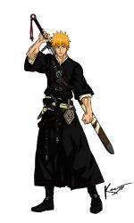 Rule 34 | 1boy, alternate costume, artist name, belt, black coat, black footwear, bleach, boots, brown eyes, buckle, clenched hand, coat, fleur-de-lis, frown, full body, guillem dauden, highres, holding, holding sword, holding weapon, knife, kurosaki ichigo, layered sleeves, looking to the side, male focus, medieval, multiple belts, orange hair, overcoat, sheath, shinigami, shirt, solo, sword, two-handed sword, unsheathing, weapon, weapon on back, white background, white shirt