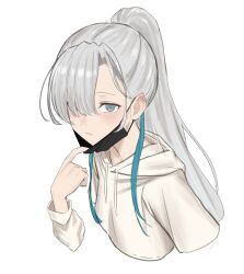 Rule 34 | 1girl, :/, absurdres, arm at side, black mask, blue eyes, blush, closed mouth, cropped torso, disembodied hand, drawstring, grey hair, hair over one eye, half updo, heterochromia, high ponytail, highres, hood, hood down, hoodie, isekai joucho, kamitsubaki studio, long hair, long sleeves, looking at viewer, mask, mask around neck, mask pull, mouth mask, neko hiiragi, one eye covered, parted bangs, pink eyes, simple background, solo, surgical mask, virtual youtuber, white background, white hoodie