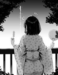 1girl ass balcony dango fireworks floral_print_kimono food from_behind hand_fan heart highres holding holding_fan holding_food japanese_clothes kimono medium_hair monochrome notice_lines obi original paper_fan salmon969 sanshoku_dango sash solo sparkle wagashi