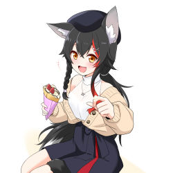 Rule 34 | +++, 1girl, animal ears, black hair, braid, brown eyes, cardigan, crepe, crossed bangs, dress, felutiahime, flipped hair, food, hair between eyes, hair ornament, hairclip, highres, holding, holding food, hololive, light blush, long hair, looking at viewer, low ponytail, multicolored hair, off shoulder, ookami mio, ookami mio (street), red hair, shirt, side braid, simple background, sitting, sleeveless, solo, streaked hair, striped, tail, tail around own leg, tail wrap, turtleneck, vertical stripes, very long hair, virtual youtuber, white hair, white shirt, wolf ears, wolf girl, wolf tail, wrist cuffs