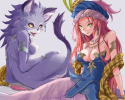 Rule 34 | 2girls, alternate form, animal ears, armlet, ass, bracelet, breasts, cat ears, cat girl, cat tail, claws, cleavage, colored sclera, dual persona, earrings, fangs, feathers, furry, green eyes, isabella (seiken densetsu 3), jewelry, long hair, multiple girls, necklace, no nipples, oinari sanda, open mouth, purple fur, purple hair, red hair, red sclera, ring, seiken densetsu, seiken densetsu 3, slit pupils, tail, tongue, tongue out, turban, yellow eyes