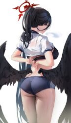 Rule 34 | 1girl, ass, black bra, black hair, black wings, blue archive, blue buruma, blue sky, bra, breasts, buruma, closed mouth, clothes lift, cloud, day, feathered wings, from behind, gym uniform, halo, hasumi (blue archive), hasumi (track) (blue archive), highres, large breasts, large wings, leviathan (hikinito0902), long bangs, long hair, looking at viewer, looking back, low wings, mole, mole under eye, official alternate costume, ponytail, profile, red eyes, removing bra, see-through, see-through shirt, shirt, shirt lift, short sleeves, sky, solo, sweat, underbutt, underwear, white background, white shirt, wings