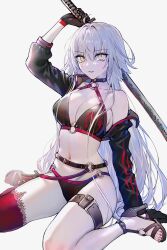 Rule 34 | 1girl, ahoge, arm up, belt, bikini, black bikini, black choker, black gloves, black jacket, breasts, brown belt, choker, cleavage, commentary request, cropped jacket, fate/grand order, fate (series), flame print, gloves, grey background, grey hair, hair between eyes, highres, holding, holding sword, holding weapon, jacket, jeanne d&#039;arc alter (fate), jeanne d&#039;arc alter (swimsuit berserker) (fate), katana, large breasts, long hair, long sleeves, looking at viewer, nail polish, navel, nipi27, o-ring, o-ring bikini, o-ring bottom, o-ring top, off shoulder, parted lips, print bikini, red nails, red thighhighs, single thighhigh, sitting, solo, strappy heels, swimsuit, sword, thigh belt, thigh strap, thighhighs, toenail polish, toenails, toes, wariza, weapon, yellow eyes