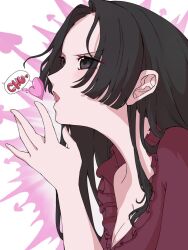 Rule 34 | 1girl, black hair, boa hancock, close-up, commentary request, frilled shirt, frills, heart, hime cut, looking ahead, one piece, purple shirt, shirt, solo, wakaremichi