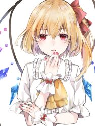 Rule 34 | 1girl, ascot, blonde hair, bow, breasts, buttons, center frills, collared shirt, crystal, flandre scarlet, frilled shirt collar, frilled sleeves, frills, hair between eyes, hair bow, highres, looking at viewer, medium hair, multicolored wings, nail polish, no headwear, no vest, one side up, open mouth, pink nails, puffy short sleeves, puffy sleeves, rainbow order, red bow, red eyes, shirt, short sleeves, simple background, small breasts, solo, touhou, upper body, white background, wings, wrist cuffs, yellow ascot, yurara (aroma42enola)
