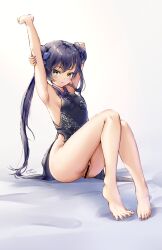 Rule 34 | 1girl, armpits, arms up, bar censor, bare legs, barefoot, black dress, blue archive, blue eyes, blush, breasts, butterfly hair ornament, censored, china dress, chinese clothes, closed mouth, double bun, dress, fii fii (feefeeowo), full body, hair bun, hair ornament, highres, kisaki (blue archive), knees up, long hair, looking at viewer, nail polish, no panties, pelvic curtain, purple nails, pussy, sleeveless, sleeveless dress, small breasts, solo, stretching, toenail polish, toenails